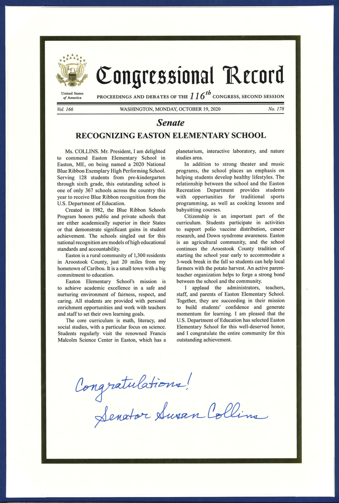 EES Receives Blue Ribbon School Congressional  Record