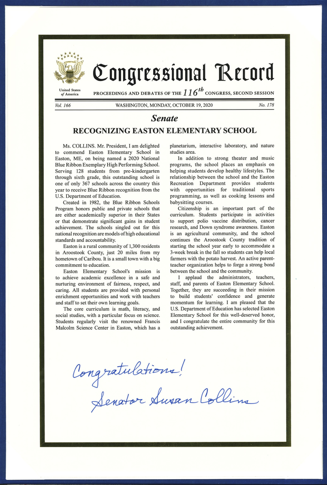 EES Receives Blue Ribbon School Congressional Record