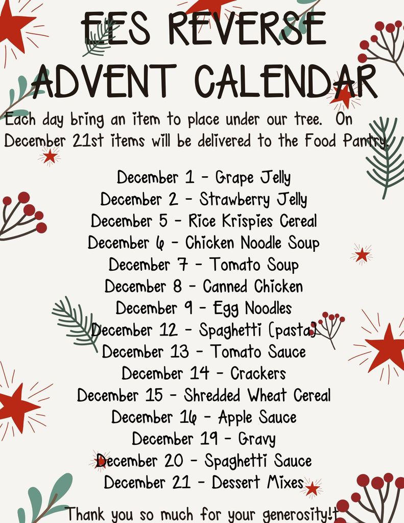 Each day bring an item to place under our tree. On December 21st items will be delivered to the Food Pantry